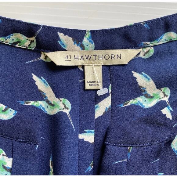 41 Hawthorn Shirt L Blue Hummingbird Print Polyester 3/4 Sleeve Popover Blouse - Picture 8 of 11